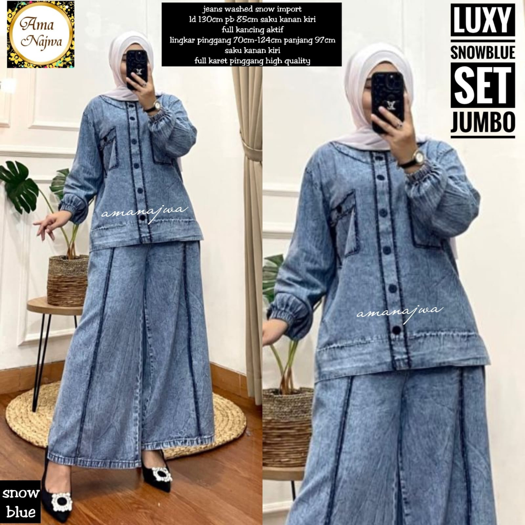 luxy-blue set jeans wash jumbo ld 130 oneset stelan set setcel baju pakaian atasan blouse bluse jean