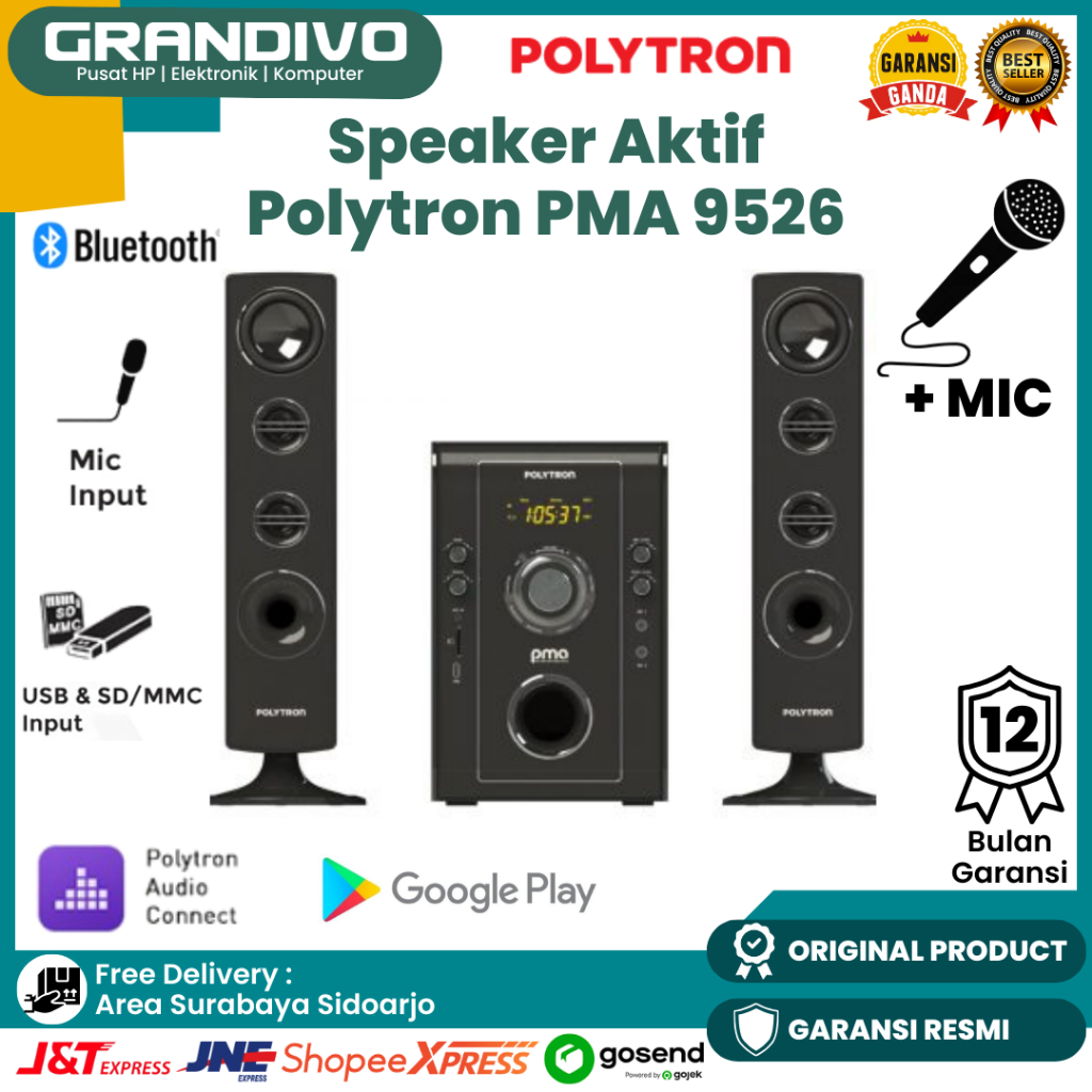 Speaker Aktif Polytron PMA 9526 Bluetooth Extra Bass LED Display - Grandivo