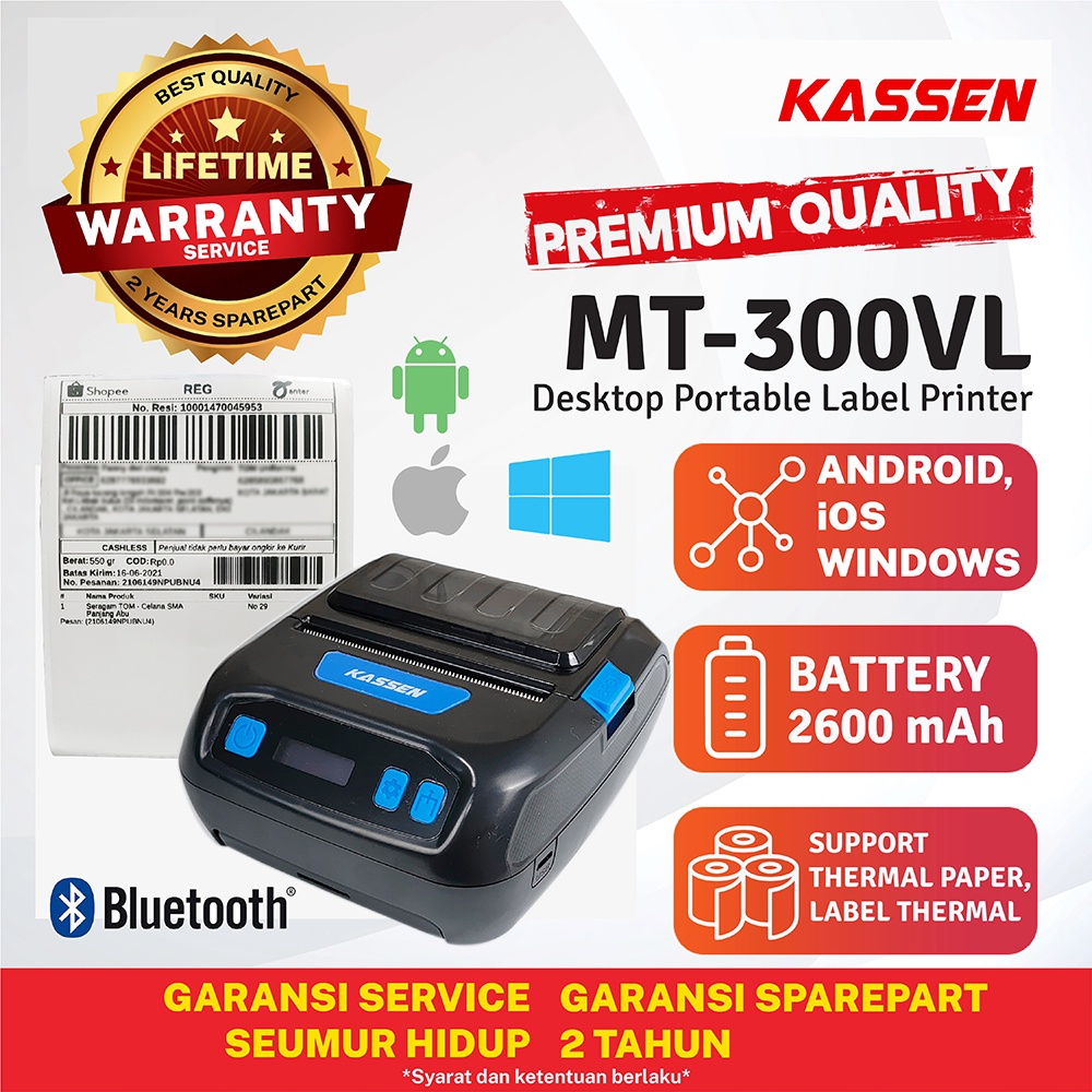 

Mobile Label Printer Thermal Bluetooth USB KASSEN MT-300VL Label Stiker Struk