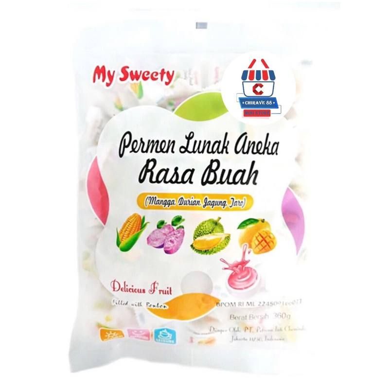 

My Sweety Permen Lunak Aneka Rasa Buah 360g (isi 100pcs) | Rasa Mangga, Durian, Jagung, Taro