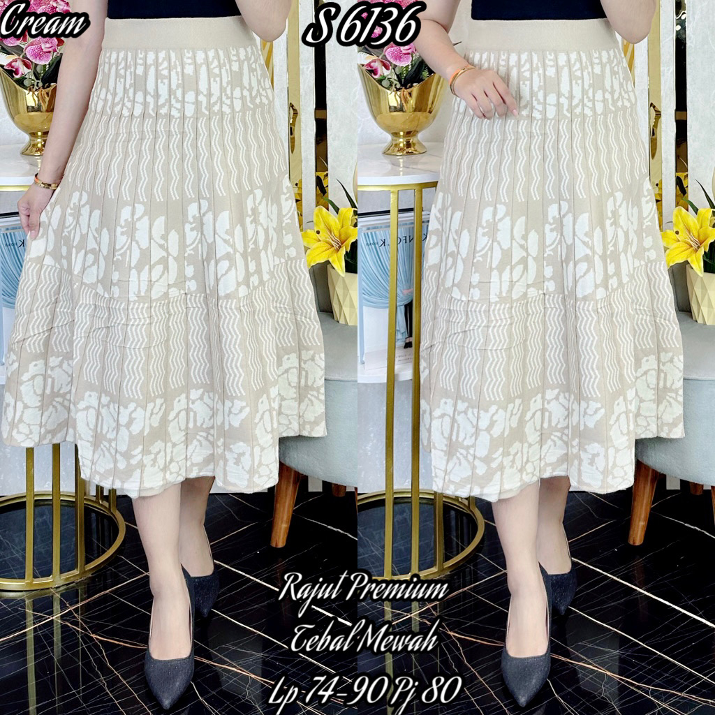 6136#Rok Rajut Premium 7Per8 Motif Garis Bunga
