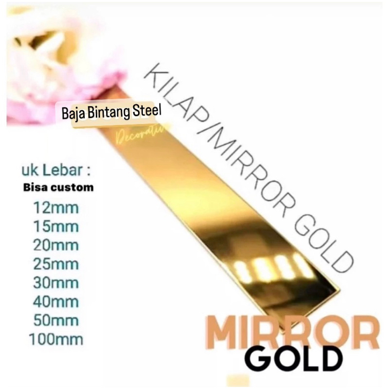 LIST PLAT STRIP MIRROR GOLD STAINLESS STEEL 201 15MM  P.3050MM T.0,8MM (1 Batang)