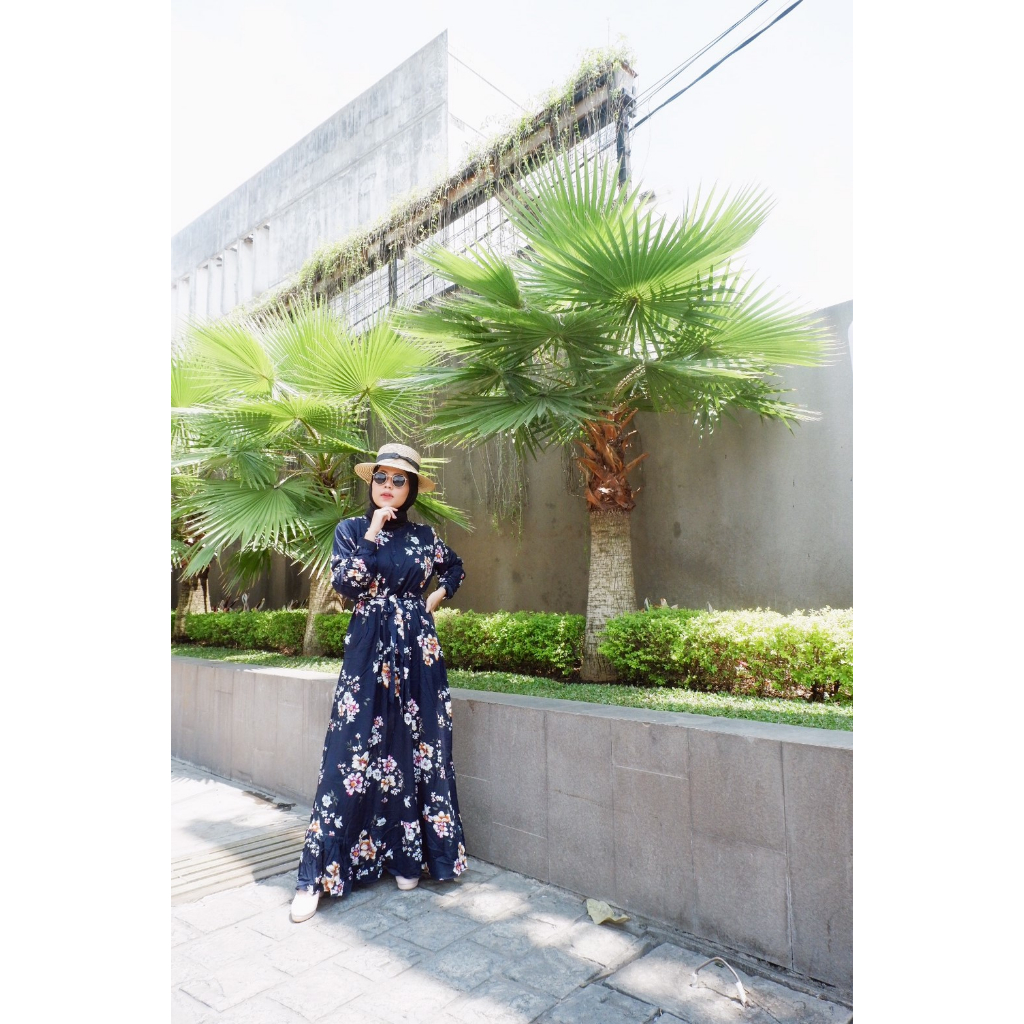 homidress homedress gamis rayon adem motiv bunga flower warna biru dongker navy