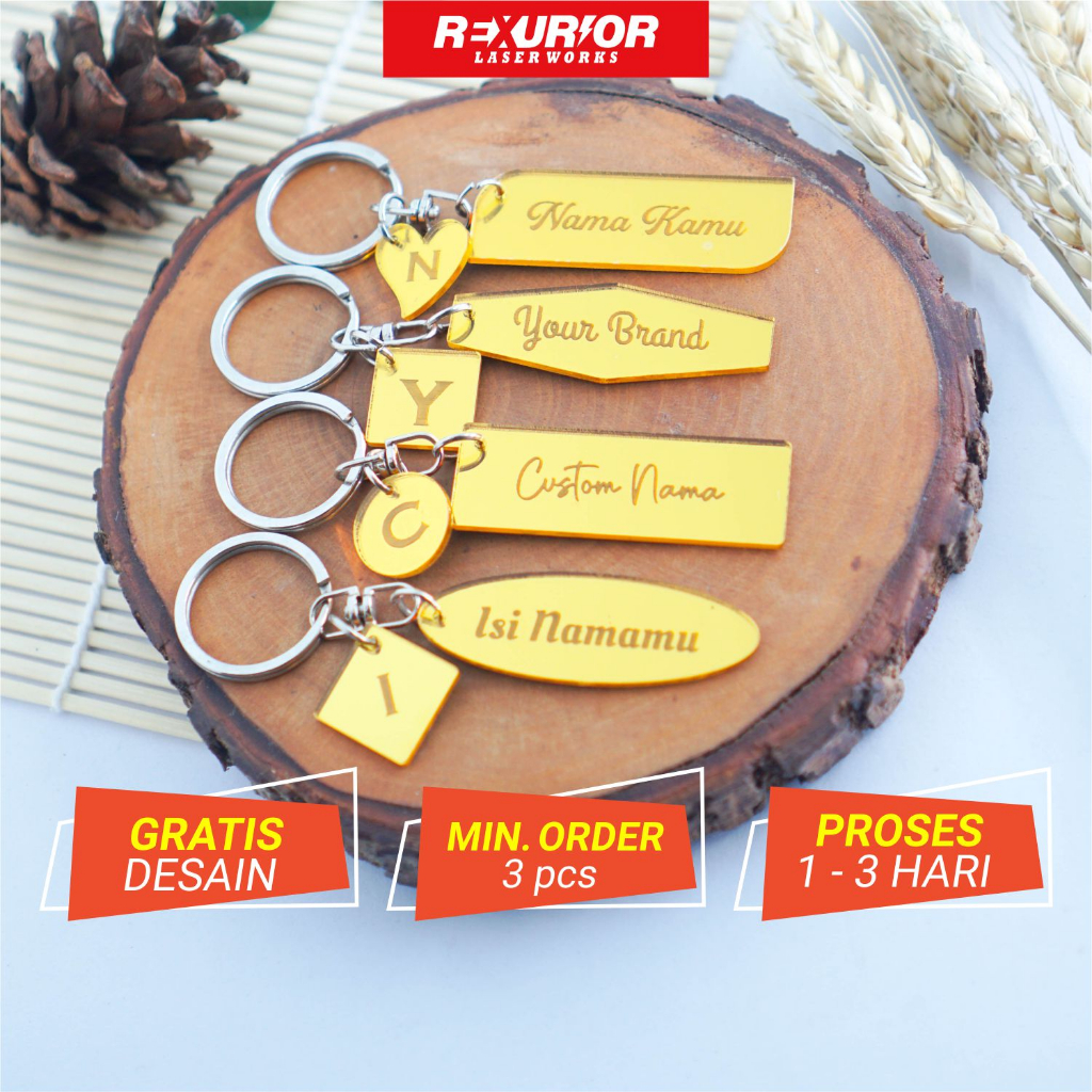 Gantungan Kunci Gold Mirror Custom Nama [Murah] | Ganci Custom Akrilik Miror Rexurior Laser Works