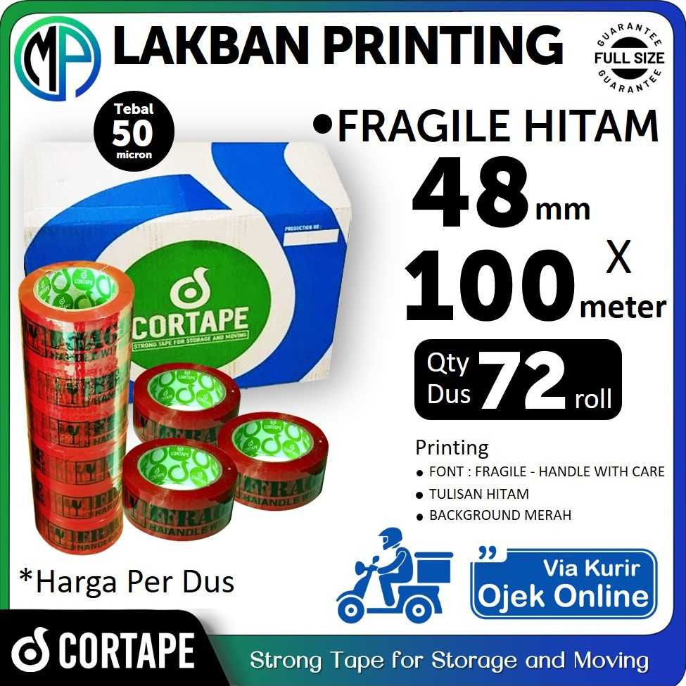 Lakban Selotip Grosir Cortape Printing Fragile Hitam 2inch 45mm x 100meter HARGA PER-DUS (VIA GOJEK)