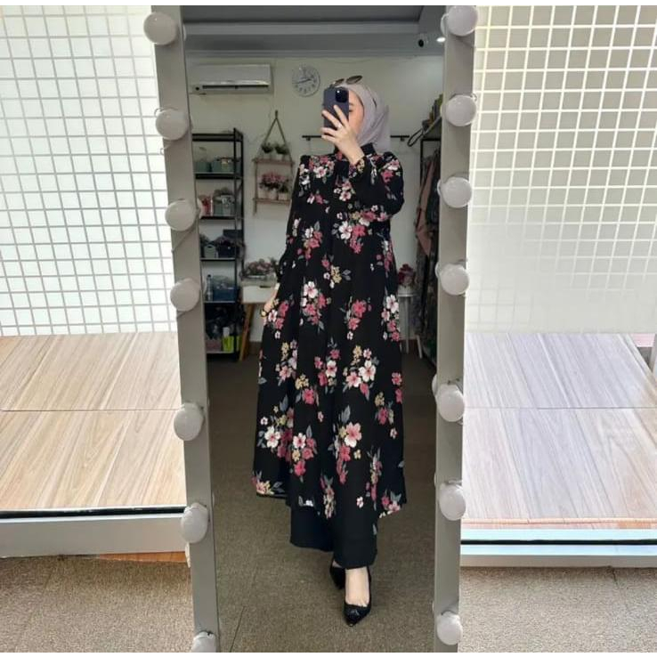 Setelan Tunik Wanita Zahra Set Rayon Diamond Motif Bunga Kulot Crinkle Kekinian