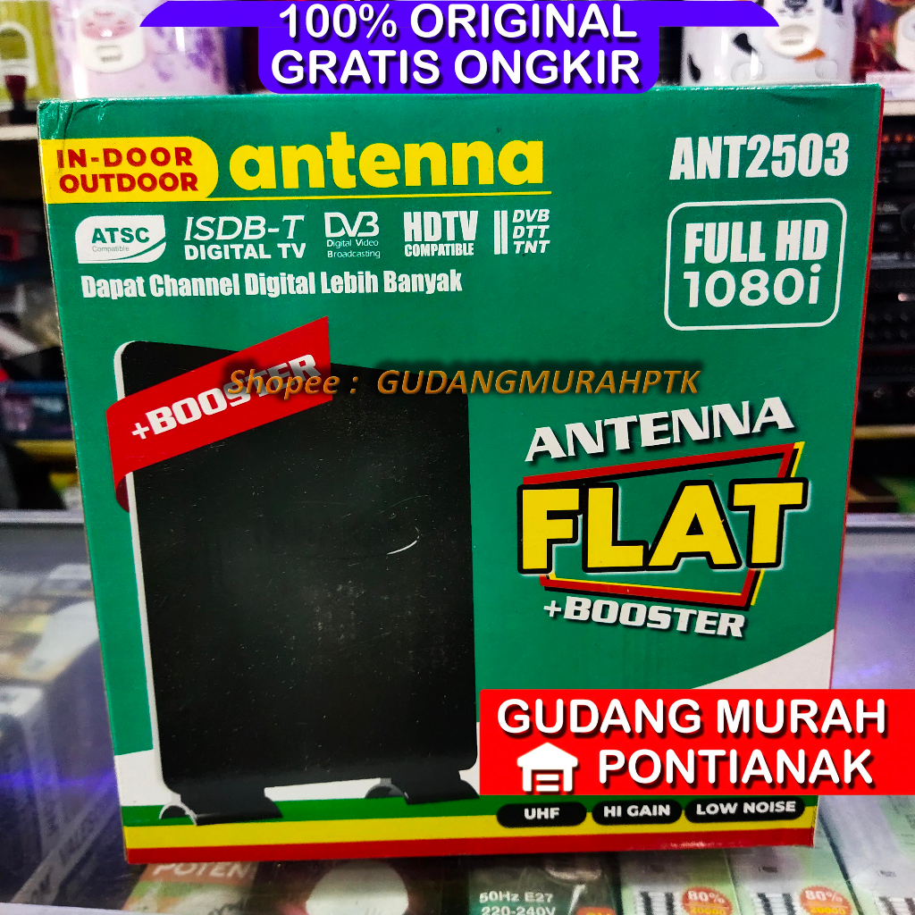 ANTENA DIGITAL TANAKA Segi Hitam FLAT + Bonus BOSTER INDOOR OUTDOOR FREE KABEL ANT2503 Untuk TV Tele