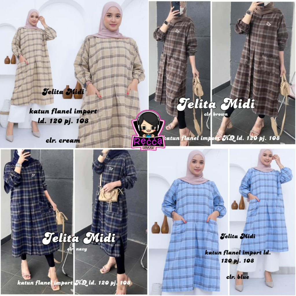 Jelita Midi Dress Flanel Kotak Jumbo Ld 120 Big Size XXXL Harian Terbaru Kuliah Kerja Kantor