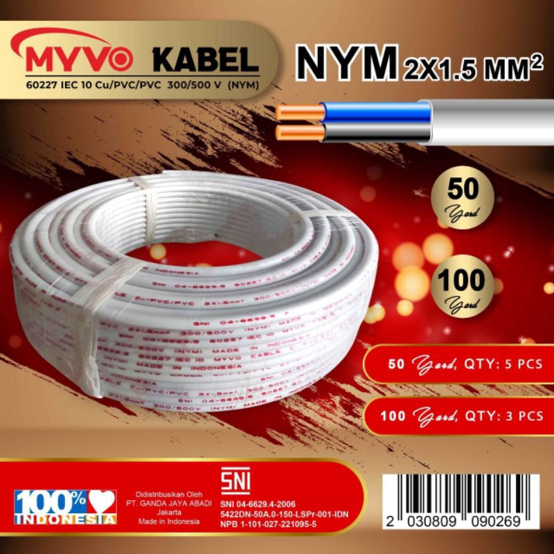 MYVO KABEL LISTRIK NYM 2X1.5 TEMBAGA MURNI SNI 50 YARD BAGUS BERKUALITAS 1 Roll BAGUS