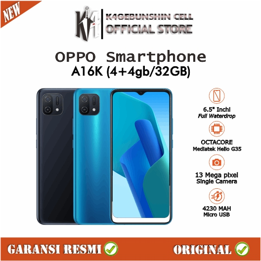 Hp Oppo A16K Ram 4+1/64GB Helio G35 Garansi Resmi OPPO 1 Tahun