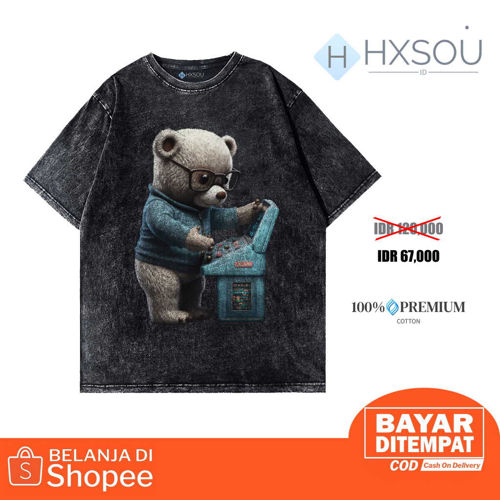 Hxsou Baju Kaos Oversize Wash / T-shirt Oversize Pria Wash Bear C03