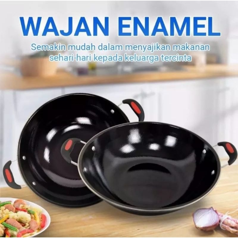 Wajan enamel kuping uk 34cm, wajan enamel, wajan penggorengan