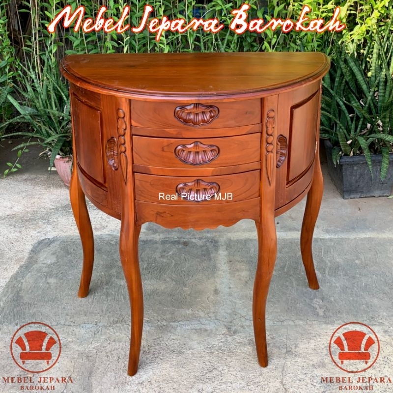 Meja Nakas Ukir Setengah Lingkaran Kayu Jati Meja Hias Konsul Laci 3 Minimalis dan Serbaguna