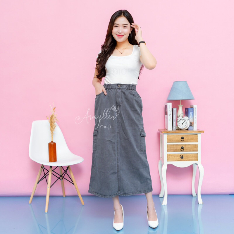 Rok Cargo Highwaist Jeans Premium Cargo Long Skirt Warna Army Abu Mocca size 27-34