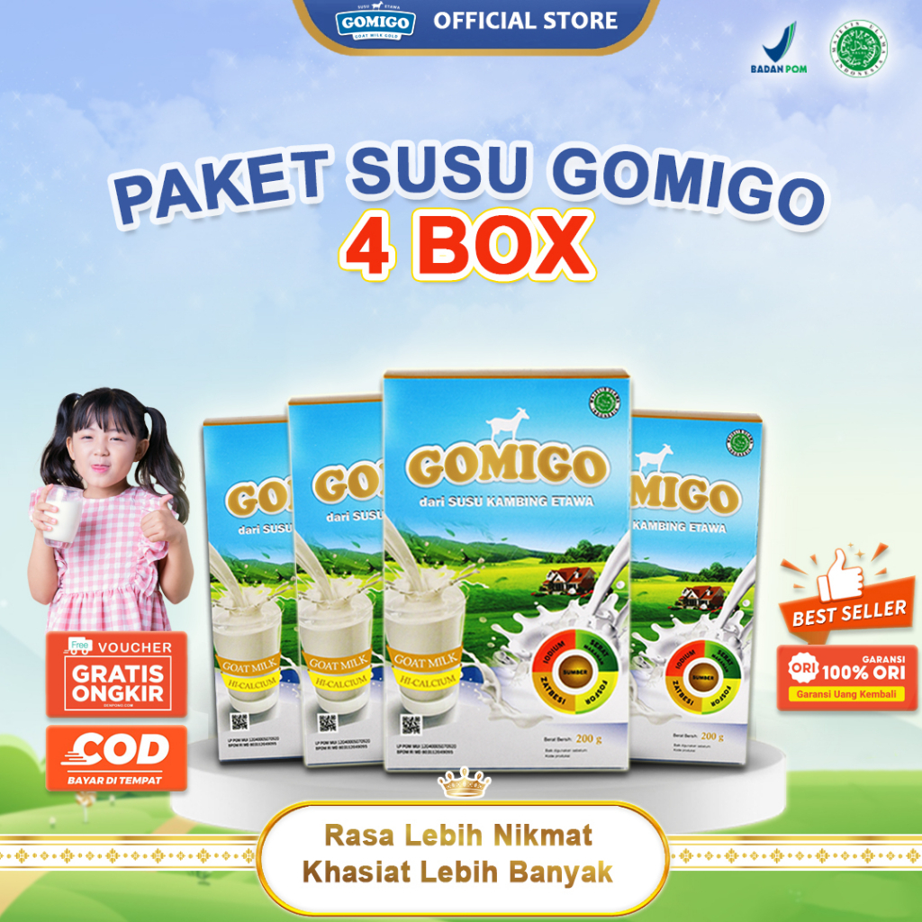 

Paket 4 Box Susu Gomigo - Susu Kambing Etawa Bubuk GOMIGO Plus Kolostrum Untuk Anak Fokus & Optimalkan Kecerdasan Otak Imunitas Penambah Nafsu Makan Berat Badan Tinggi Badan Terapi Pernafasan Maag Tulang Sendi 200gr Original 100% Asli Goat Milk Bisa COD