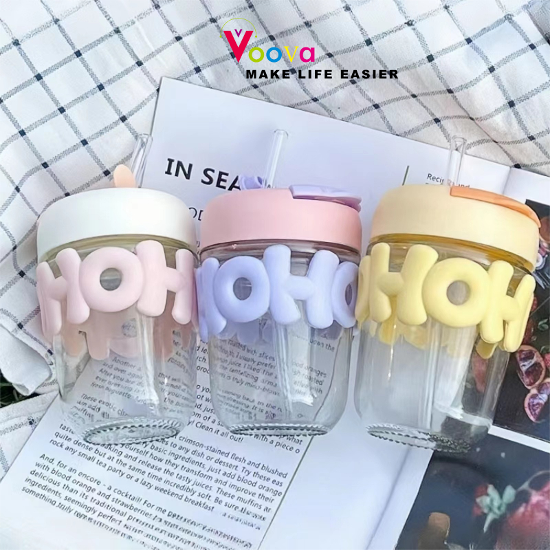 VOOVA Glass Tumblr Aesthetic Botol Minum Transparan Infused Water Botol Minum Sedotan Lipat Botol Mi