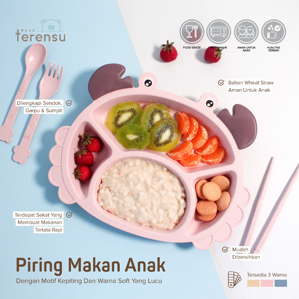 Terensu Piring Makan Anak + Sendok Garpu Sumpit Motif Kepiting Set Perlengkapan Makan