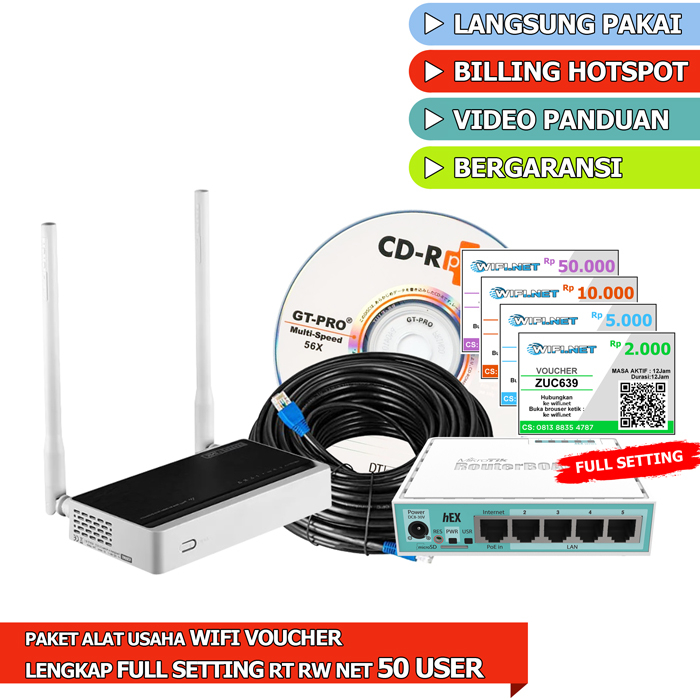 Paket alat usaha wifi Hotspot RT RW NET Sistem Voucher 50 user