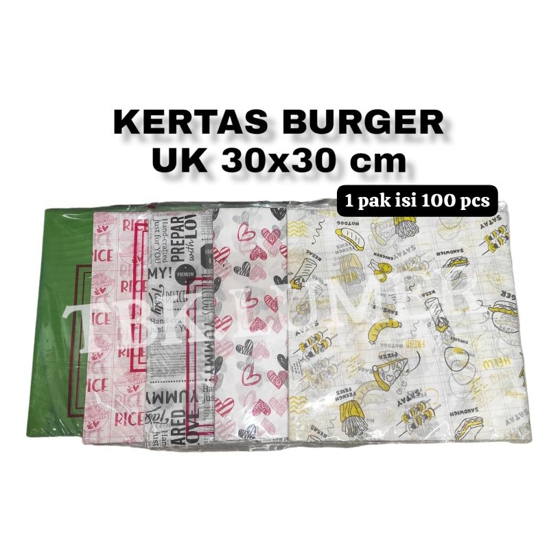 

KERTAS BURGER MOTIF/kertas kue isi 100 lembar/kertas burger besar/kertas makanan