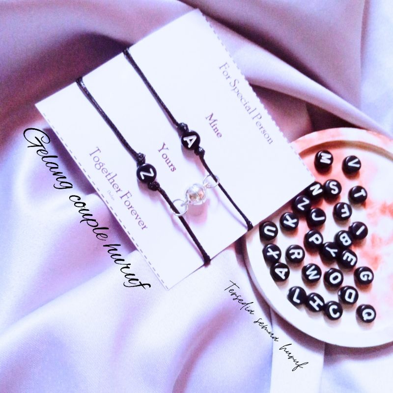 ( Beerrysaa ) GELANG COUPLE MAGNET HURUF BULAT PIPIH HITAM tali SERUT | Tersedia semua huruf A-Z | G