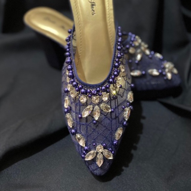 Heels Pesta Payet Brukat Premium Tinggi 9cm Navy