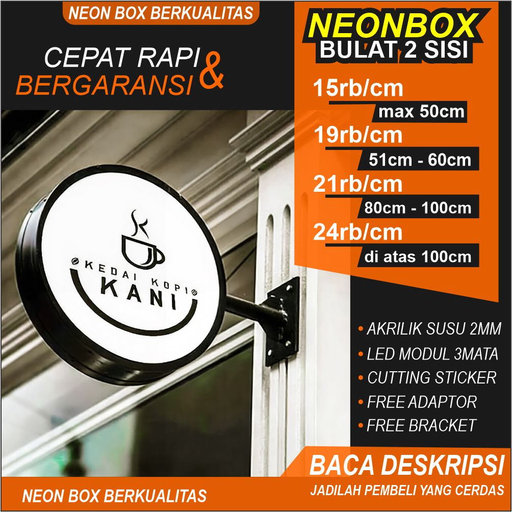 Plang Nama Toko NEONBOX Lampu Led Bulat/bundar Outdor Akrilik Custom 2Sisi/2Muka Nyala Free Bracket 