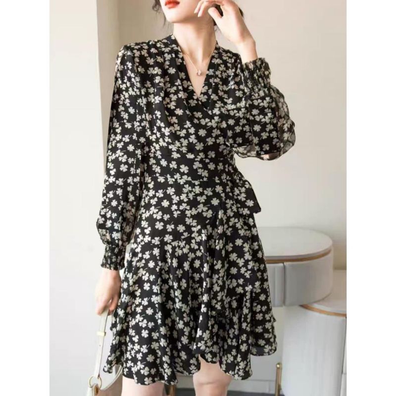 6910 Baju minidress RUFFLE REMPEL WRAP VNECK MINI DRESS lengan panjang bunga hitam merah dres Korea 