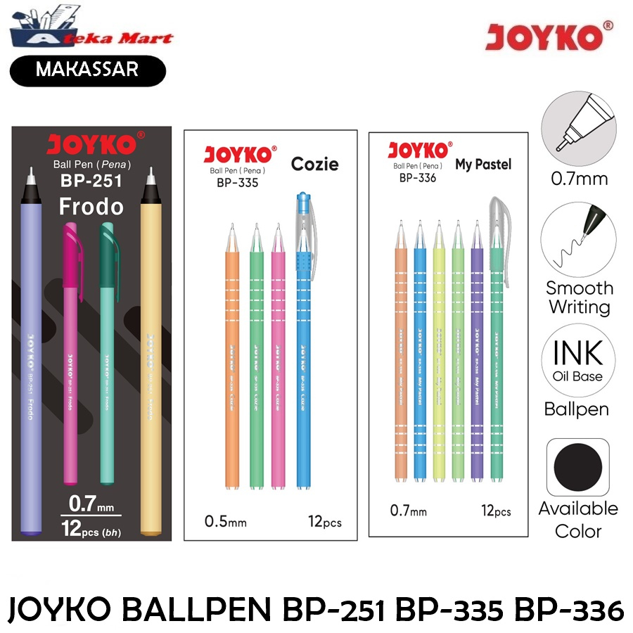 

[BOX/12PCS] JOYKO BALLPEN BP-251 FRODO BP-335 COZIE BP-336 MY PASTEL PEN MURAH