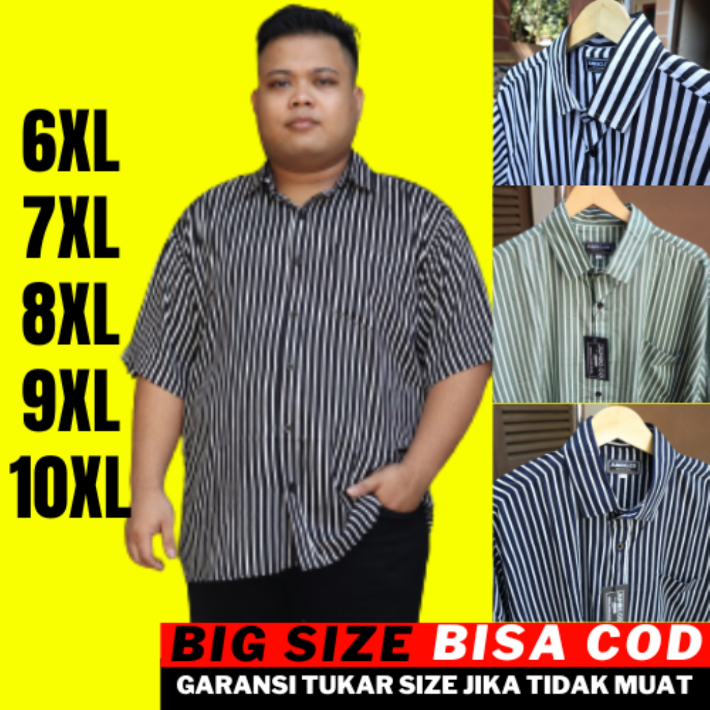 baju kemeja hem pria jumbo oversize cowok over size big size bigsize jumbo lengan pendek salur garis