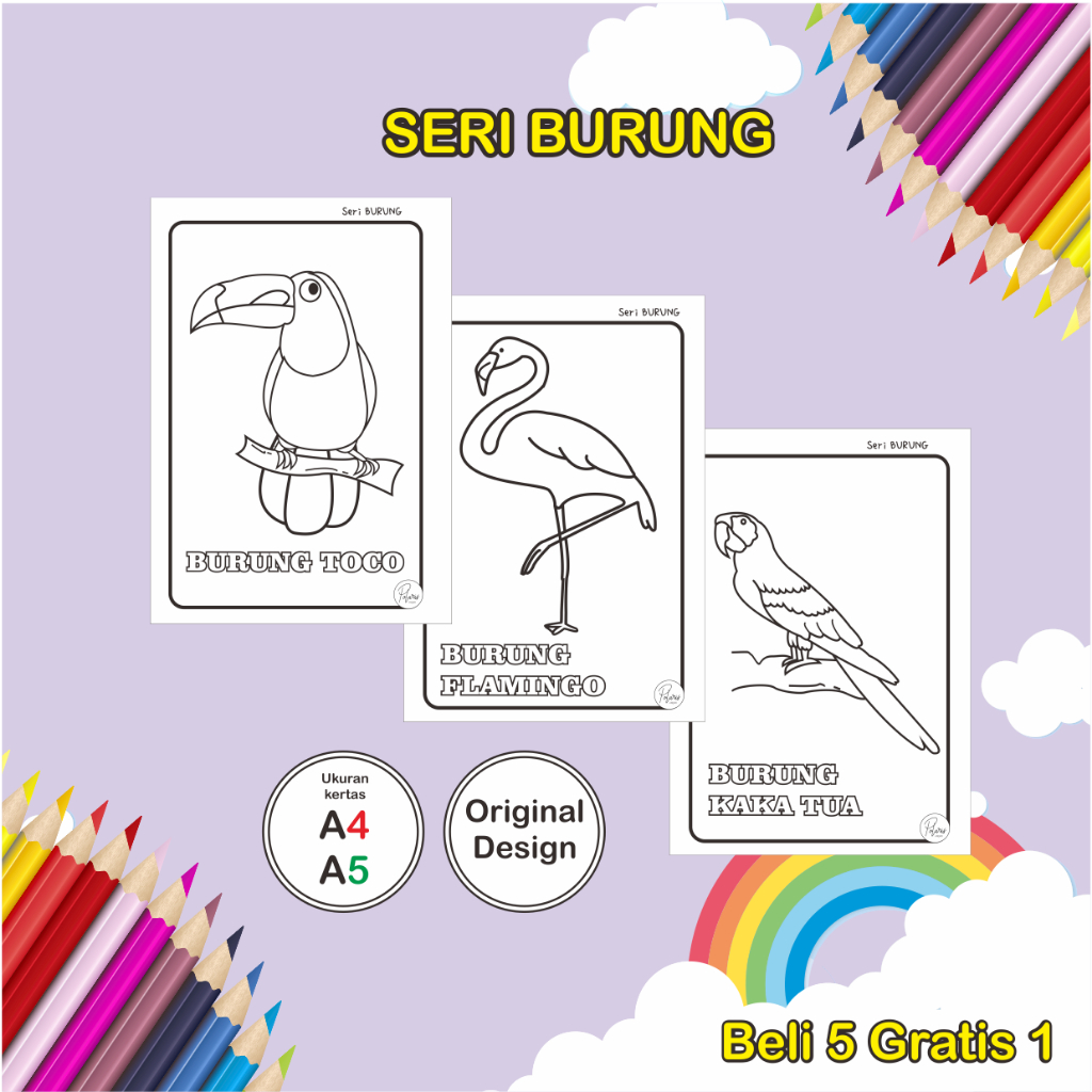 Kertas Mewarnai Anak PAUD/TK Seri Burung Simpel - Gambar sketsa mewarnai