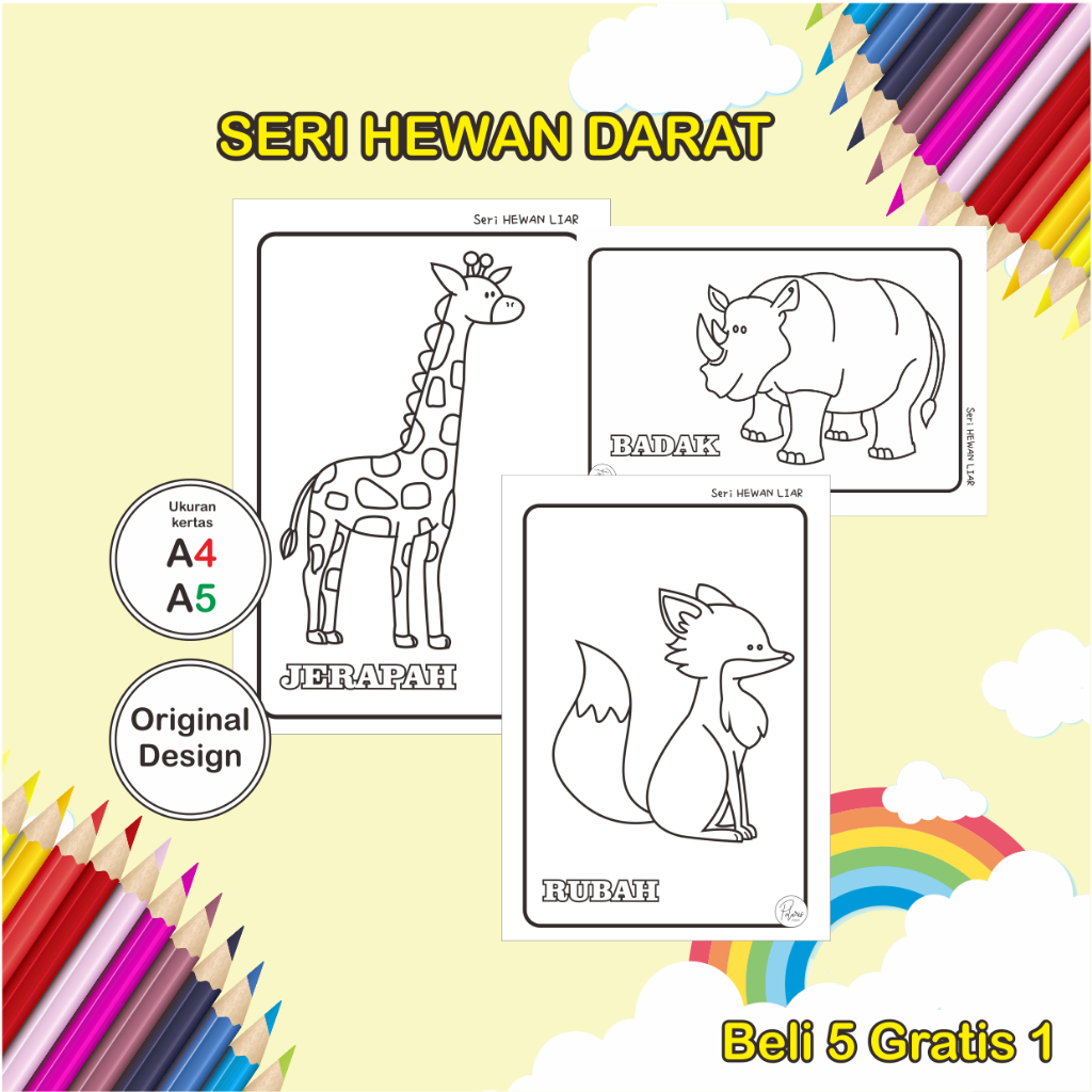 Kertas Mewarnai Anak Paud/TK seri Hewan Darat Simpel - Gambar sketsa mewarnai