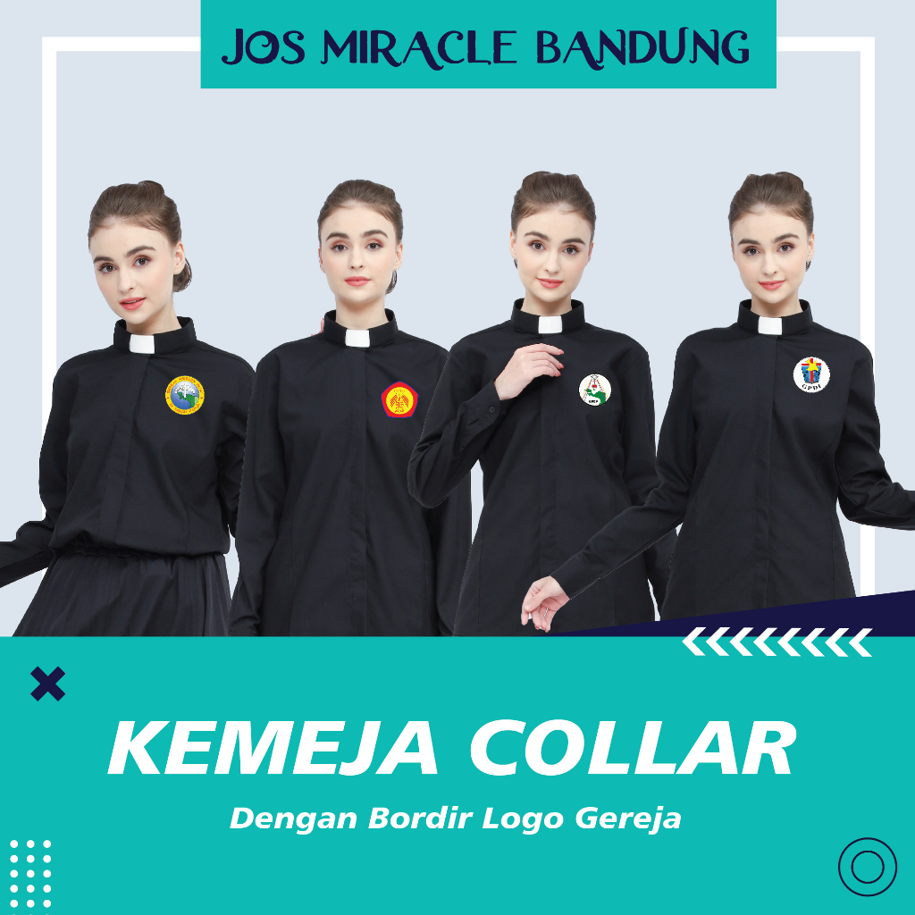 Pendeta - Kemeja Collar Hitam Wanita Lengan Panjang - Bordir Gereja