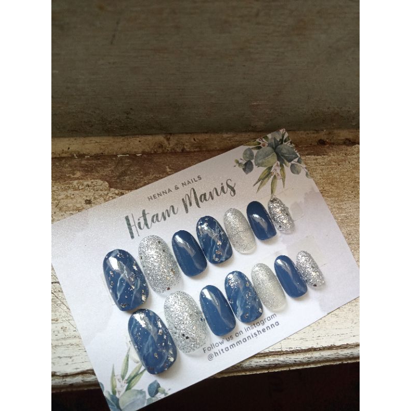 nailart navy silver / nailart navy marble / nailart marble simple / nailart wedding/ kuku palsu navy