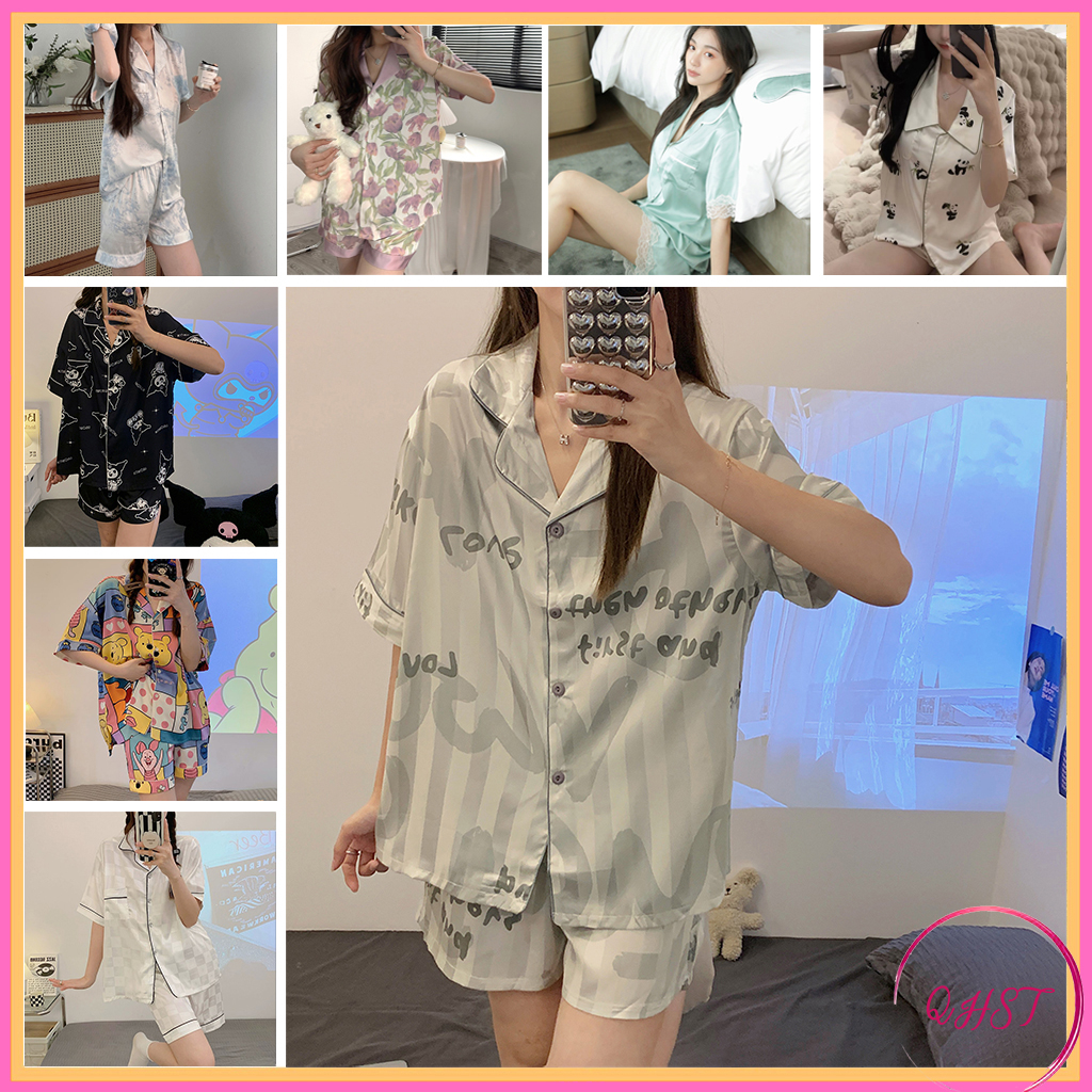 QHST Piyama Wanita Sutra es Satin Pola Set Lengan Pendek Celana Pendek Tipis Sejuk Perempuan Pasang 