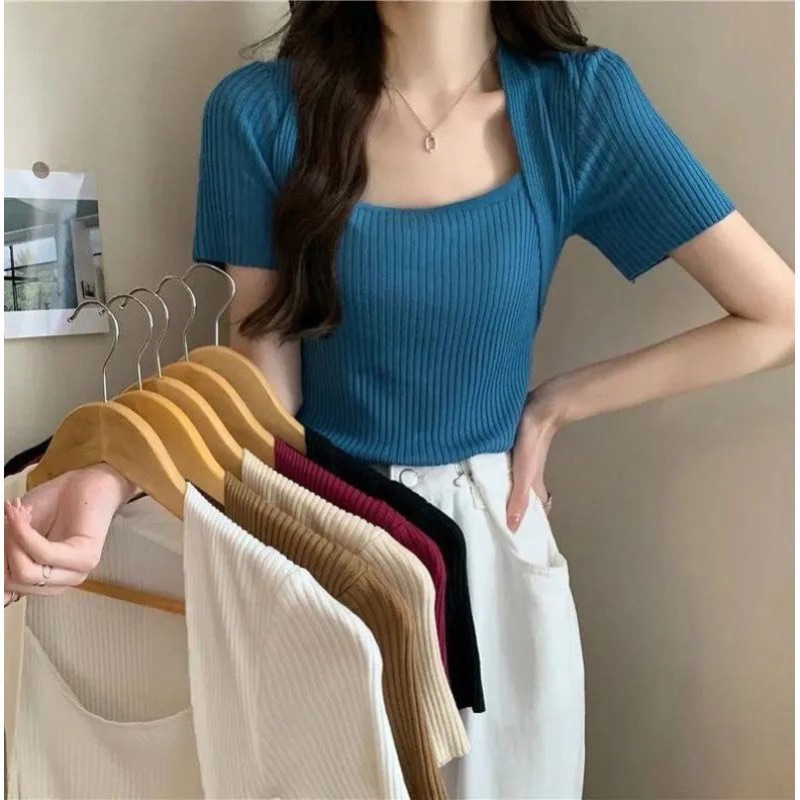 Atasan Rajut Lengan Pendek Wanita Square Neck Korea Style - Tshirt Rajut Lengan Pendek