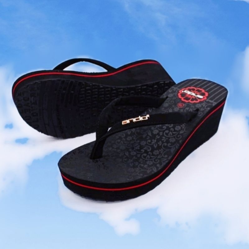 official sandal jepit wanita hak datar tinggi 6 cm spons karet sendal ando joice 02 wedges hitam