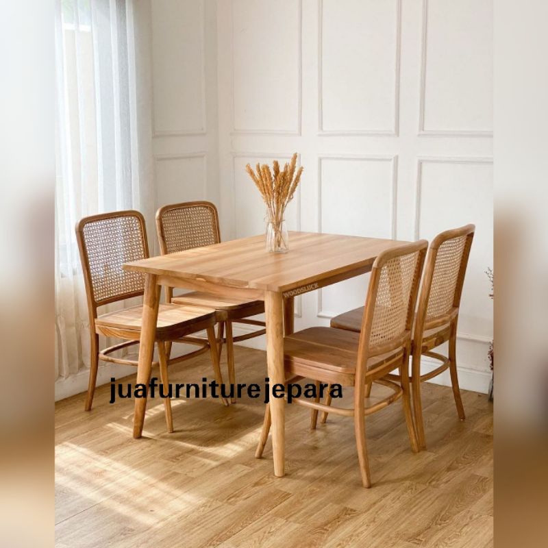 set meja makan 4 kursi rotan minimalis scandinavian, meja makan 4 kursi rotan kayu jati minimalis
