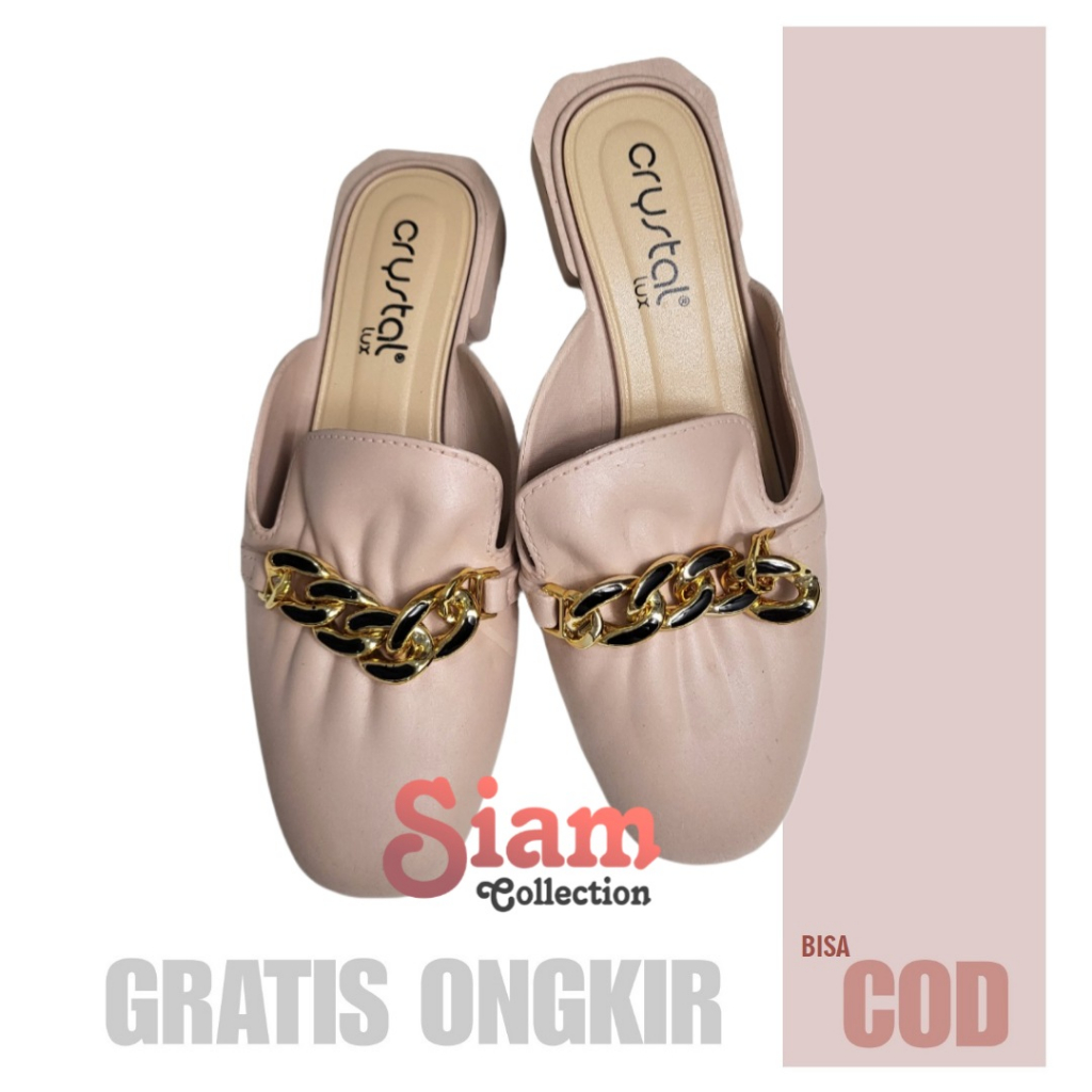 SEPATU SELOP WANITA IMPORT MURAH RANTAI EMAS - CRYSTAL 1301-1 SENDAL MURAH KEKINIAN EMPUK MODEL KORE