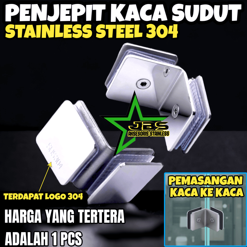 PENJEPIT KACA SUDUT/SIKU STAINLESS (GLASCLIP) SUS 304