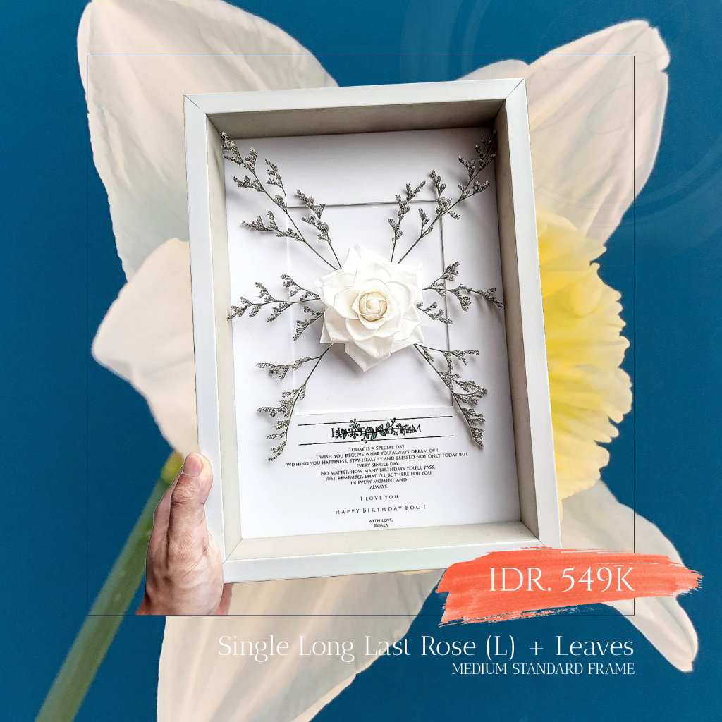 MEDIUM STANDARD FRAME Single Preserved Rose (L) + Leaves | Bunga Mawar Asli Kering Preserved Awet