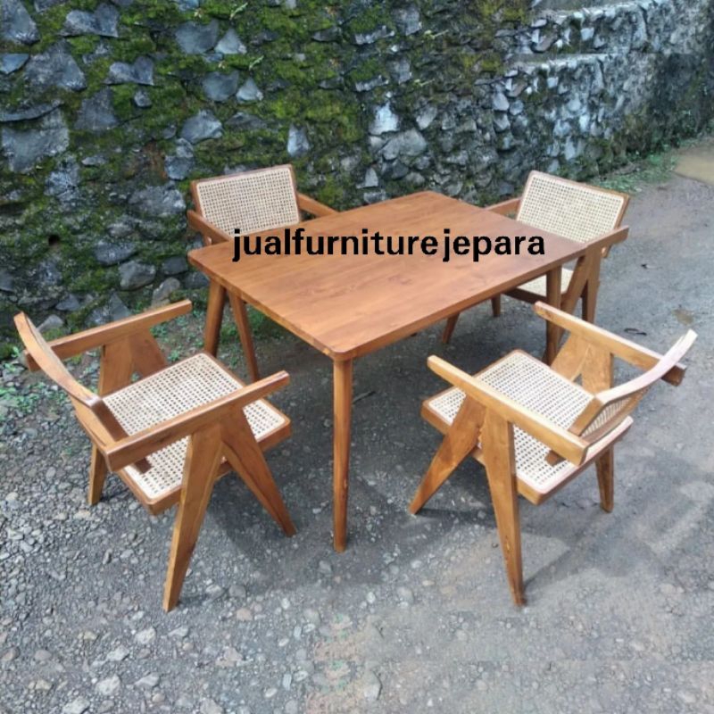 meja makan 4 kursi rotan kayu jati minimalis, meja makan minimalis 4 kursi rotan kayu jati