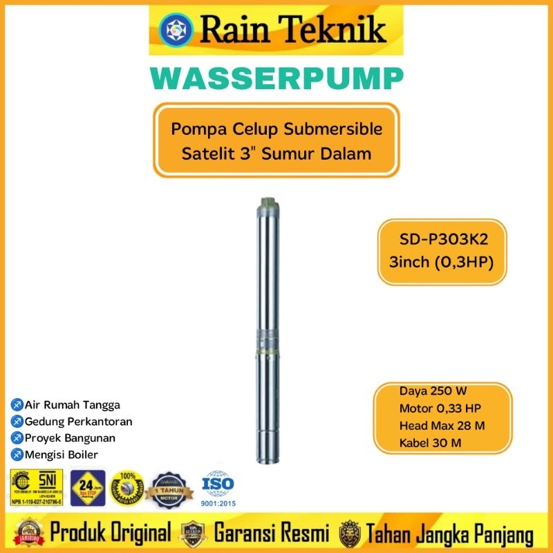 Pompa Celup Satelit WASSER SD- P303K2 (1/3HP & 28M)+Kabel 30M Sumur Dalam / Pompa Celup Satelit WASS