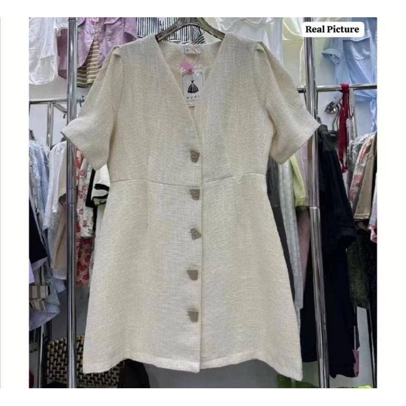 20375 Dress Wanita Model Tweed Premium/Dress Tweet Polos leher V Neck Variasi Kancinf Ukir Keramik T