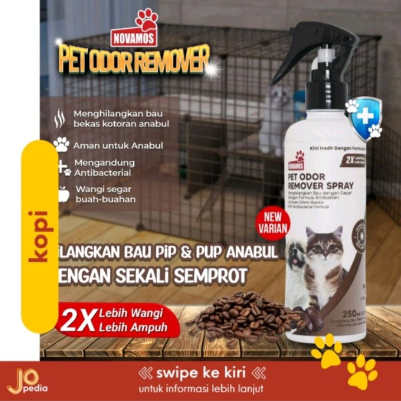 NOVAMOS PET ODOOR  REMOVER SPRAY farhum penghilang bau kotoran anabul_farhum pasir aroma kopi,250 ml