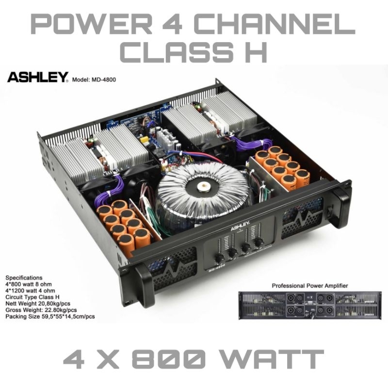 POWER AMPLIFIER ASHLEY MD 4800 4 CHANNEL 4 X 800 WATT CLASS H ORIGINAL