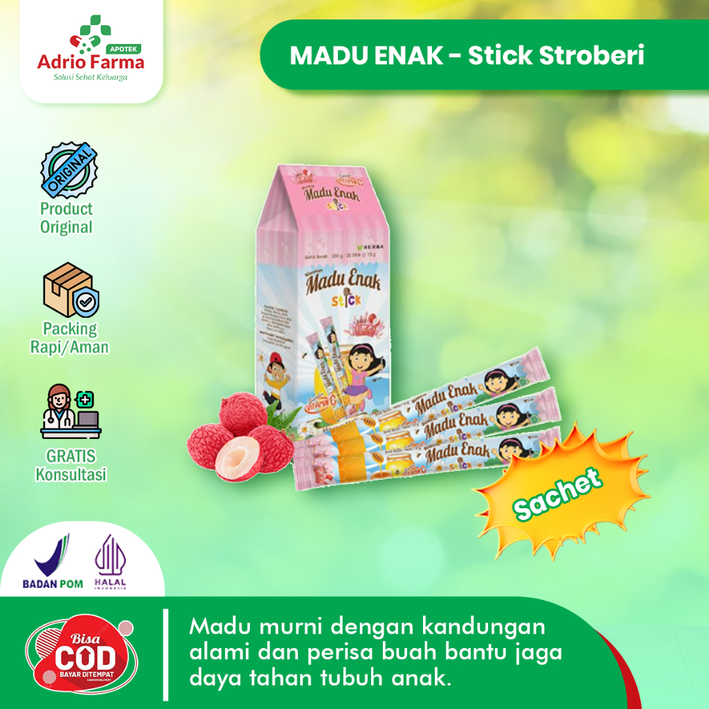 MADU ENAK - STICK Rasa LECI - Sachet @ 15gram - Madu Stick Rasa Buah untuk Anak