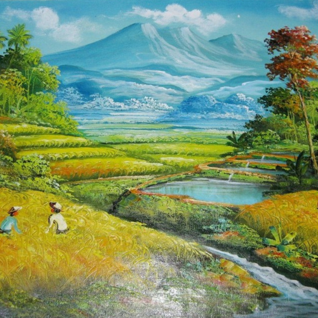 Lukisan Pemandangan Sawah dan Pegunungan yang Indah