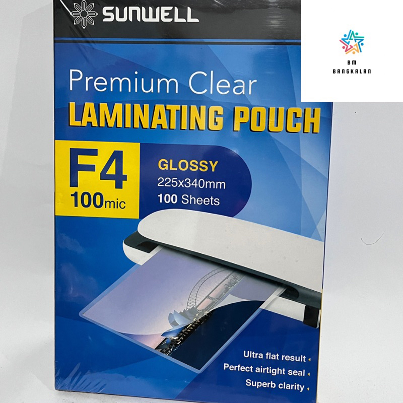 

(1 PAK) Plastik Laminating / Laminating Pouch SUNWELL Glossy Ukuran F4/Folio isi 100 Lembar