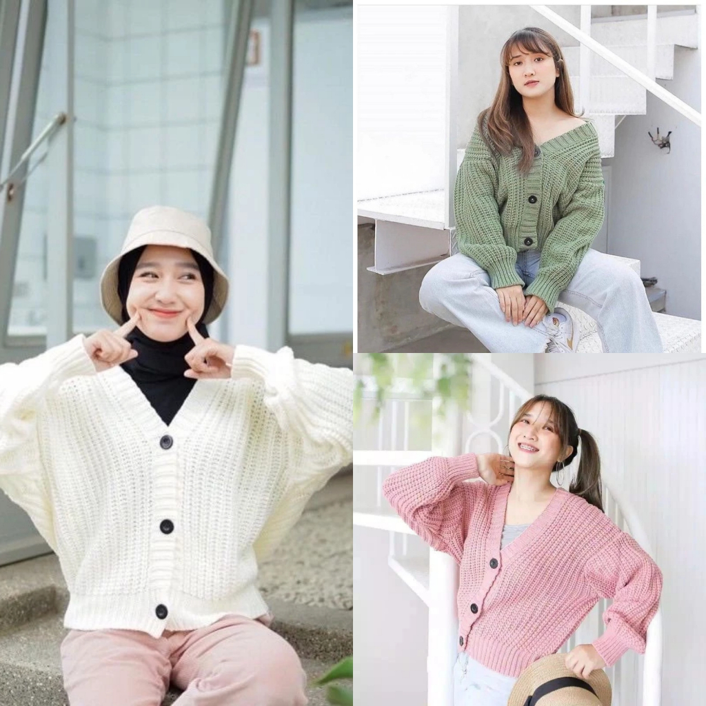 Baju Cardigan Outer Outfit Rajut V Neck Hitam Maroon Putih Dusty Pink Navy Burgundy Denim Grey Cream