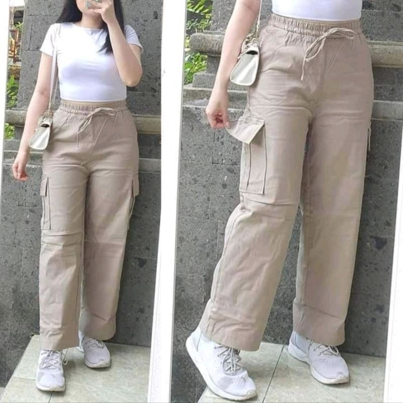 Celana Kulot panjang Wanita Kulot Cargo Stretch tebal Simple Me